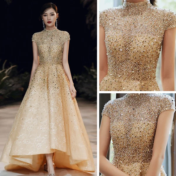Vintage / Retro Gold Evening Dresses  2020 A-Line / Princess High Neck Short Sleeve Handmade  Beading Sweep Train Ruffle Formal Dresses