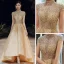 Vintage / Retro Gold Evening Dresses  2020 A-Line / Princess High Neck Short Sleeve Handmade  Beading Sweep Train Ruffle Formal Dresses