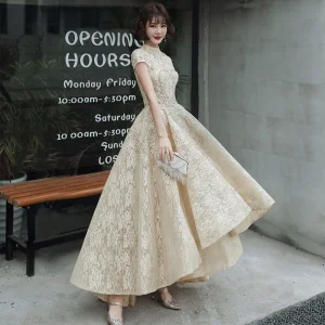 Vintage Gold Blumen Spitze Tanzen Ballkleider 2020 A Linie Stehkragen Kurze Ärmel Perlenstickerei Asymmetrisch Rüschen Festliche Kleider