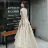 Vintage / Retro Gold Flower Lace Dancing Prom Dresses 2020 A-Line / Princess High Neck Short Sleeve Beading Asymmetrical Ruffle Formal Dresses