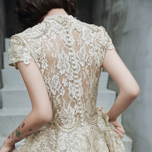Vintage / Retro Gold Flower Lace Dancing Prom Dresses 2020 A-Line / Princess High Neck Short Sleeve Beading Asymmetrical Ruffle Formal Dresses