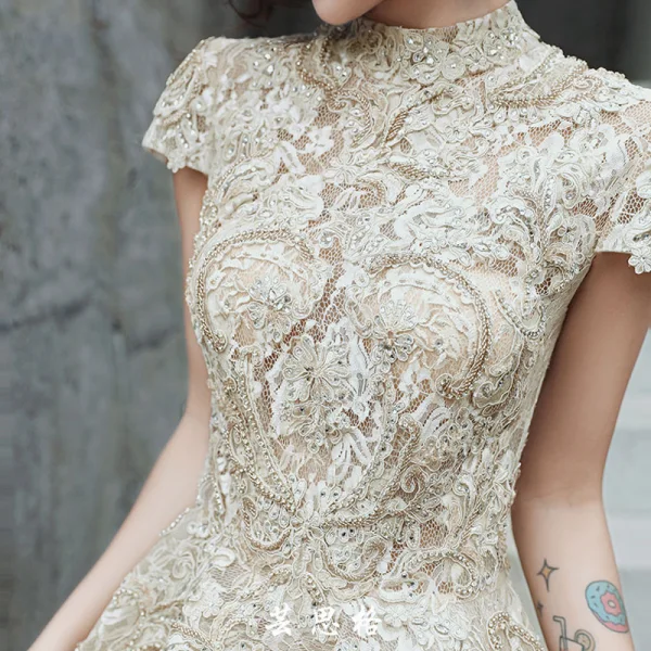 Vintage / Retro Gold Flower Lace Dancing Prom Dresses 2020 A-Line / Princess High Neck Short Sleeve Beading Asymmetrical Ruffle Formal Dresses