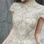 Vintage / Retro Gold Flower Lace Dancing Prom Dresses 2020 A-Line / Princess High Neck Short Sleeve Beading Asymmetrical Ruffle Formal Dresses