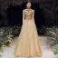 Vintage / Retro Gold See-through Evening Dresses  2020 A-Line / Princess High Neck Short Sleeve Beading Floor-Length / Long Ruffle Backless Formal Dresses