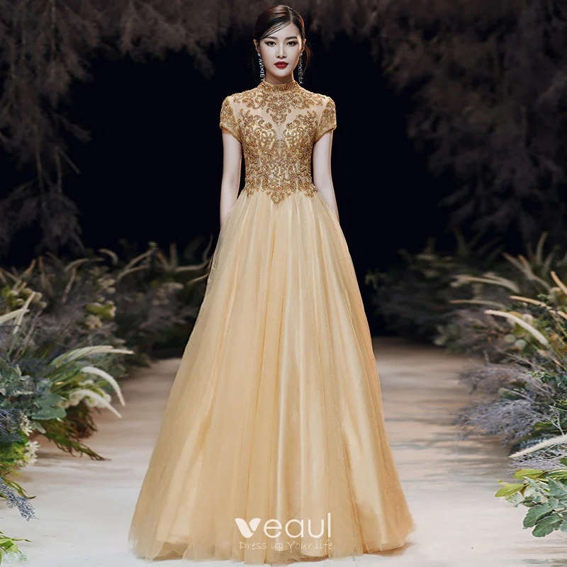 high neck gold dress Elegant Gold High-Neck Girl Dress Tiered Princess Birthday Gown J298 Gold / child-4 main image 0