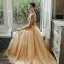 Vintage / Retro Gold See-through Evening Dresses  2020 A-Line / Princess High Neck Short Sleeve Beading Floor-Length / Long Ruffle Backless Formal Dresses