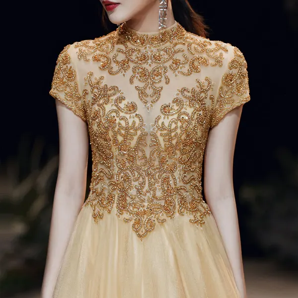 Vintage / Retro Gold See-through Evening Dresses 2020 A-Line / Princess High Neck Short Sleeve Beading Floor-Length / Long Ruffle Backless Formal Dresses
