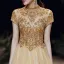Vintage / Retro Gold See-through Evening Dresses  2020 A-Line / Princess High Neck Short Sleeve Beading Floor-Length / Long Ruffle Backless Formal Dresses