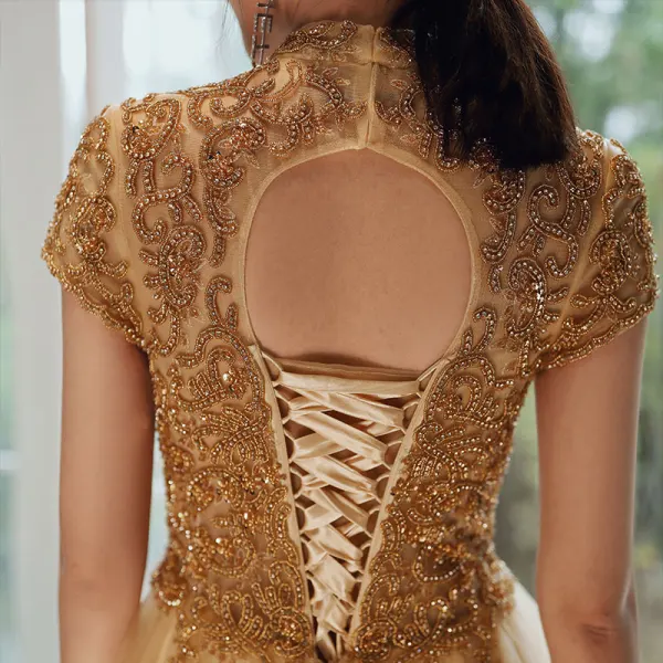 Vintage / Retro Gold See-through Evening Dresses 2020 A-Line / Princess High Neck Short Sleeve Beading Floor-Length / Long Ruffle Backless Formal Dresses