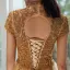 Vintage / Retro Gold See-through Evening Dresses  2020 A-Line / Princess High Neck Short Sleeve Beading Floor-Length / Long Ruffle Backless Formal Dresses