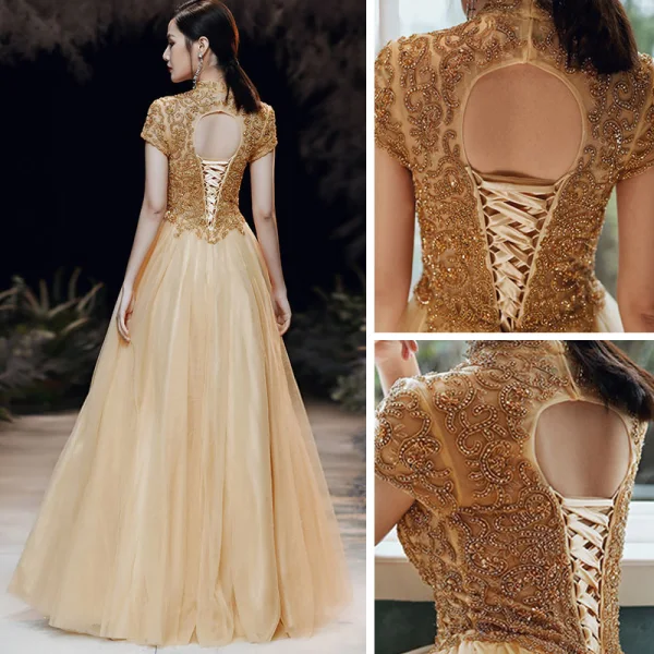 Vintage / Retro Gold See-through Evening Dresses 2020 A-Line / Princess High Neck Short Sleeve Beading Floor-Length / Long Ruffle Backless Formal Dresses