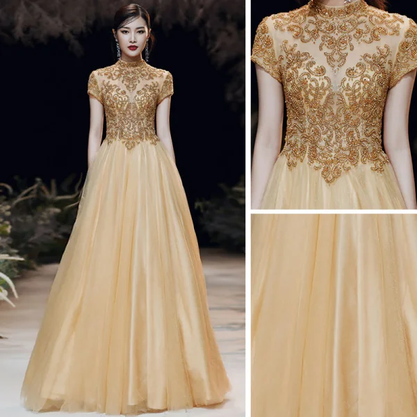 Vintage / Retro Gold See-through Evening Dresses 2020 A-Line / Princess High Neck Short Sleeve Beading Floor-Length / Long Ruffle Backless Formal Dresses