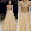 Vintage / Retro Gold See-through Evening Dresses  2020 A-Line / Princess High Neck Short Sleeve Beading Floor-Length / Long Ruffle Backless Formal Dresses