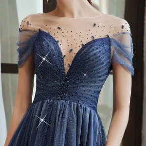 Starry Sky Glitter Royal Blue See Through Prom Dresses 2020 A Line Princess Square Neckline Short Sleeve Beading Floor Length Long Ruffle Backless Formal Dresses Evening Dresses