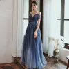 Gwiaździste Niebo Cekinami Królewski Niebieski Przezroczyste Sukienki Na Bal 2020 Princessa Kwadratowy Dekolt Kótkie Rękawy Frezowanie Długie Wzburzyć Bez Pleców Sukienki Wizytowe Sukienki Wieczorowe