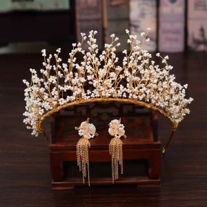 Mooie Prachtige Goud Bruids Haaraccessoires 2020 Metaal Kralen Tiara Oorbellen Huwelijk Accessoires