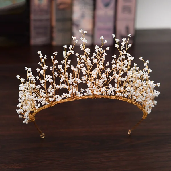 Snygga / Fina Guld Brud Huvudbonad 2020 Metall Beading Tiara Örhängen Bröllop Tillbehör