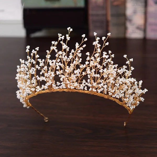 Snygga / Fina Guld Brud Huvudbonad 2020 Metall Beading Tiara Örhängen Bröllop Tillbehör
