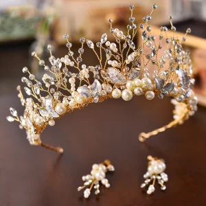 Schöne Gold Brautschmuck Brautaccessoires 2020 Metall Perlenstickerei Perle Strass Diadem Ohrringe