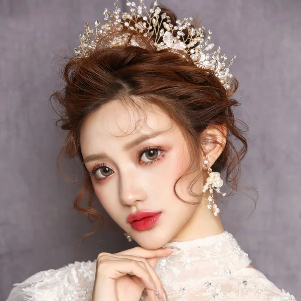 Fine Gull Brudesmykker Tilbehør 2020 Metall Beading Perle Rhinestone Tiara Øredobber