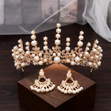 Klassisk Gull Brudesmykker 2020 Metall Perle Rhinestone Øredobber Tiara Bryllups Tilbehør