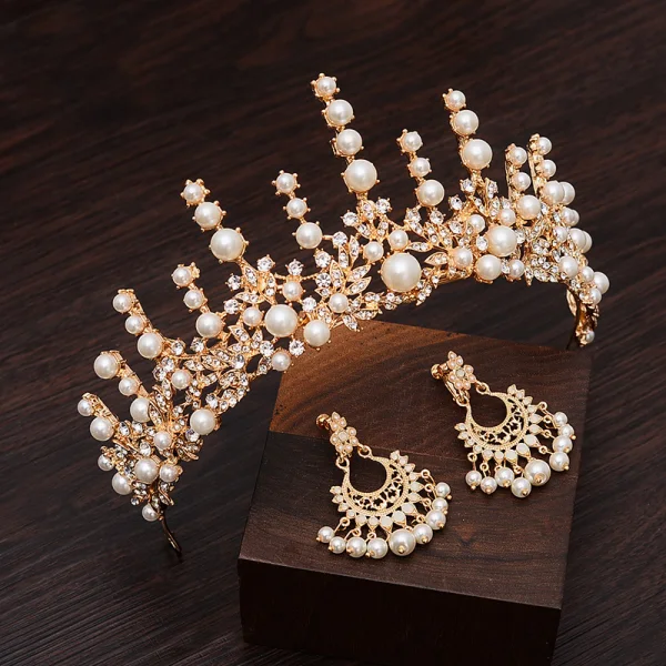 Classic Gold Bridal Jewelry 2020 Metal Pearl Rhinestone Earrings Tiara Bridal Accessories