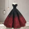 Sparkly Black Red Sequins Prom Dresses 2023 Ball Gown Off-The-Shoulder Short Sleeve Floor-Length / Long Ruffle Backless Formal Dresses