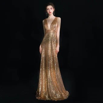 Sparkly Gold Evening Dresses 2019 Sheath Fit Deep V Neck Sleeveless Glitter Sequins Floor Length Long Ruffle Backless Formal Dresses