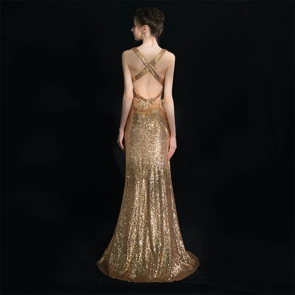 Scintillantes Doré Robe De Soirée 2019 Gaine / Ajustement Col v profond Sans Manches Glitter Paillettes Longue Volants Dos Nu Robe De Ceremonie