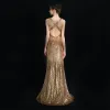 Sparkly Gold Evening Dresses  2019 Sheath / Fit Deep V-Neck Sleeveless Glitter Sequins Floor-Length / Long Ruffle Backless Formal Dresses