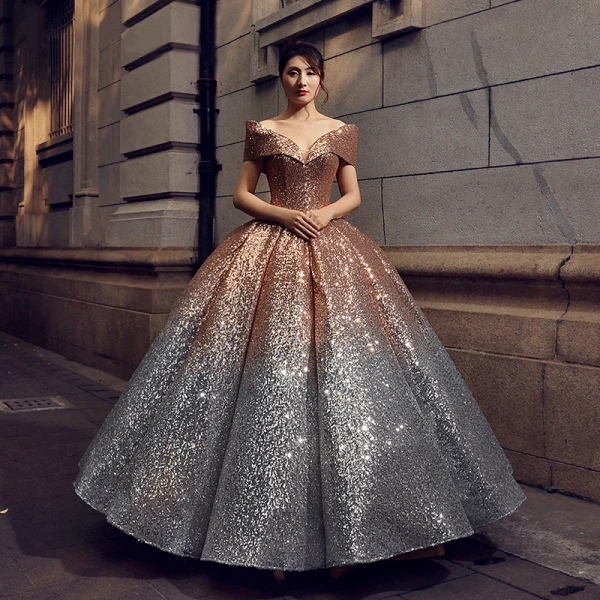 Sparkly Black Red Sequins Prom Dresses 2023 Ball Gown Off-The-Shoulder Short Sleeve Floor-Length / Long Ruffle Backless Formal Dresses