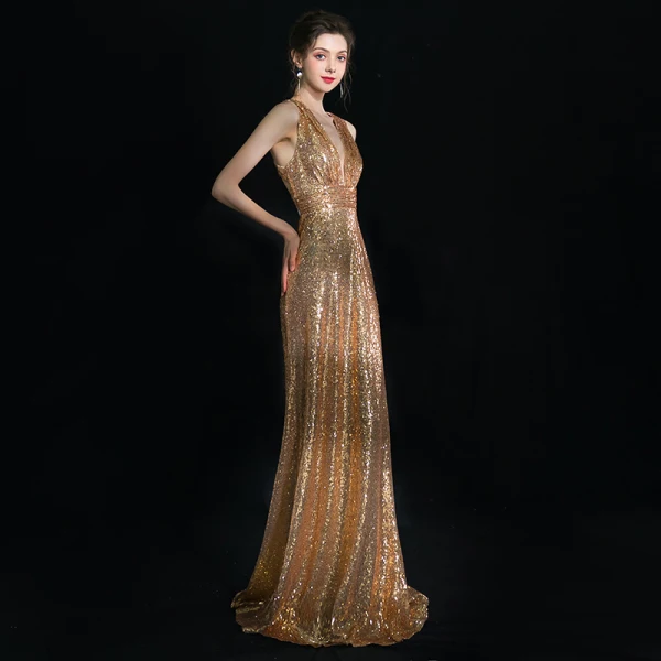 Scintillantes Doré Robe De Soirée 2019 Gaine / Ajustement Col v profond Sans Manches Glitter Paillettes Longue Volants Dos Nu Robe De Ceremonie