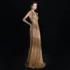 Sparkly Gold Evening Dresses  2019 Sheath / Fit Deep V-Neck Sleeveless Glitter Sequins Floor-Length / Long Ruffle Backless Formal Dresses