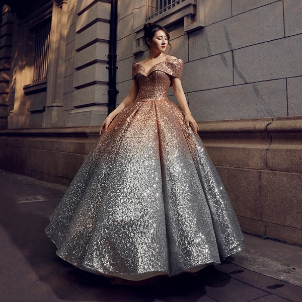 Sparkly Black Red Sequins Prom Dresses 2023 Ball Gown Off-The-Shoulder Short Sleeve Floor-Length / Long Ruffle Backless Formal Dresses