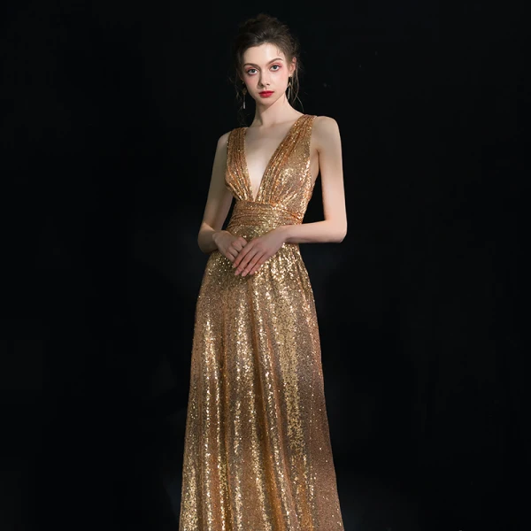 Scintillantes Doré Robe De Soirée 2019 Gaine / Ajustement Col v profond Sans Manches Glitter Paillettes Longue Volants Dos Nu Robe De Ceremonie
