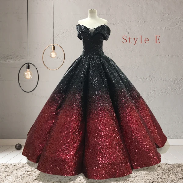 Sparkly Black Red Sequins Prom Dresses 2023 Ball Gown Off-The-Shoulder Short Sleeve Floor-Length / Long Ruffle Backless Formal Dresses