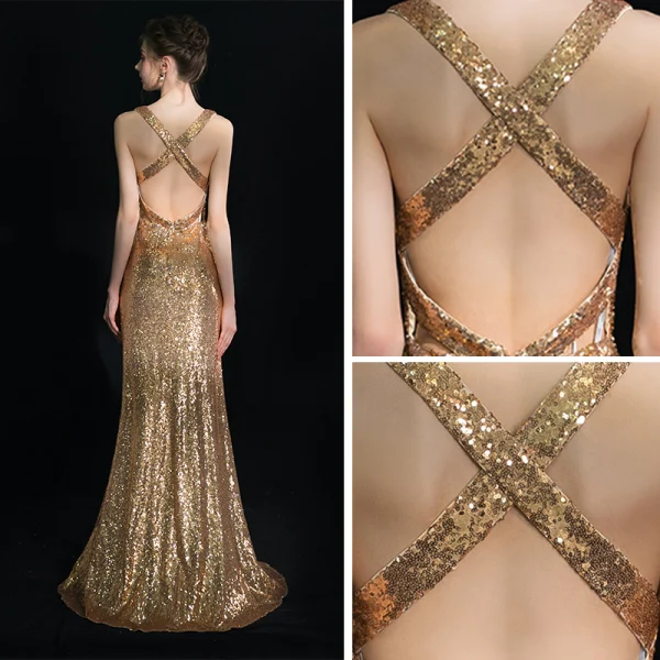 Scintillantes Doré Robe De Soirée 2019 Gaine / Ajustement Col v profond Sans Manches Glitter Paillettes Longue Volants Dos Nu Robe De Ceremonie