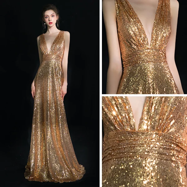 Scintillantes Doré Robe De Soirée 2019 Gaine / Ajustement Col v profond Sans Manches Glitter Paillettes Longue Volants Dos Nu Robe De Ceremonie