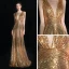 Scintillantes Doré Robe De Soirée 2019 Gaine / Ajustement Col v profond Sans Manches Glitter Paillettes Longue Volants Dos Nu Robe De Ceremonie