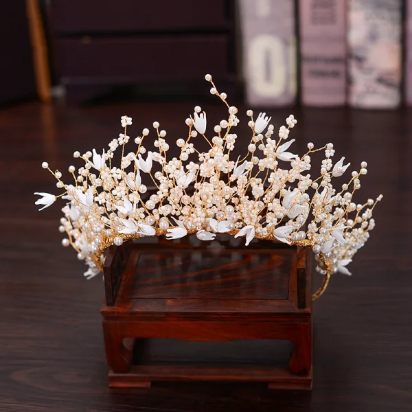 Charming Gold Bridal Jewelry 2020 Metal Beading Pearl Flower Earrings Tiara Bridal Accessories