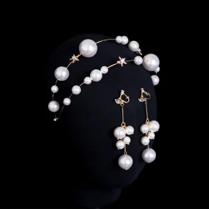 Hermoso Oro Joyas 2020 Metal Perla Rhinestone Pendientes Tocados Tocados De Novia