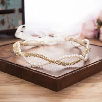 Elegant Gold Rhinestone Ivory Pearl Headbands Bridal Hair Accessories 2020 Lace Up Bridal Headpieces