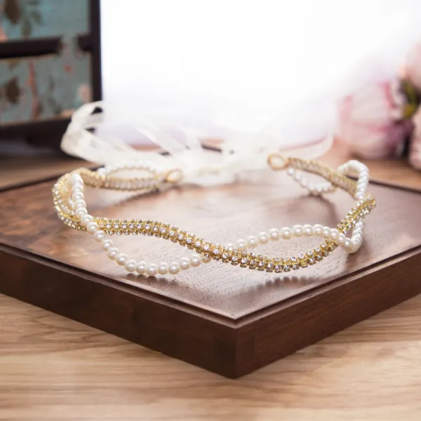 Elegant Gold Rhinestone Ivory Pearl Headbands Bridal Hair Accessories 2020 Lace-up Bridal Headpieces
