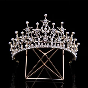 Klassisk Guld Brud Huvudbonad 2020 Metall Pärla Stjärna Rhinestone Tiara Brud Tillbehör