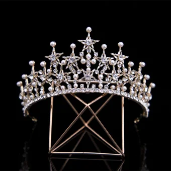 Klassisk Gull Har Tilbehor 2020 Metall Perle Stjerne Rhinestone Tiara Bryllups Tilbehør