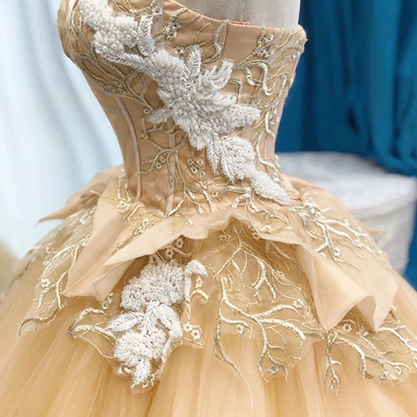 High-end Champagne Dancing Ballkjoler 2023 Ballkjole Kjæreste Uten Ermer Appliques Blonder Beading Lange Buste Ryggløse Formelle Kjoler