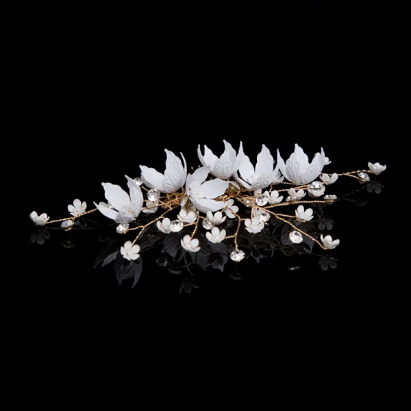 Blomma Fe Guld Hårsmycken Brud Huvudbonad 2020 Metall Blomma Rhinestone Brud Tillbehör