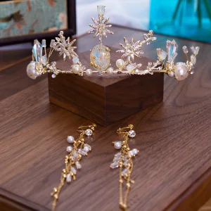 Elegante Gold Brautschmuck 2020 Legierung Zirkon Perle Strass Diadem Quaste Ohrringe Hochzeits Brautaccessoires