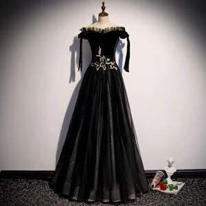 Élégant Noire Daim Robe De Soirée 2020 Princesse De L 039 Épaule Manches Courtes Glitter Tulle Longue Volants Dos Nu Robe De Ceremonie