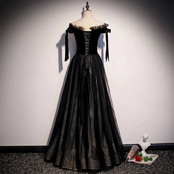 Elegant Black Suede Evening Dresses 2020 A-Line / Princess Off-The-Shoulder Short Sleeve Glitter Tulle Floor-Length / Long Ruffle Backless Formal Dresses